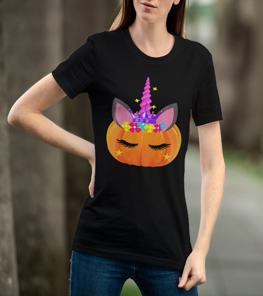 Halloween Pumpkin Unicorn With Floral Crown And Stars T-Shirt