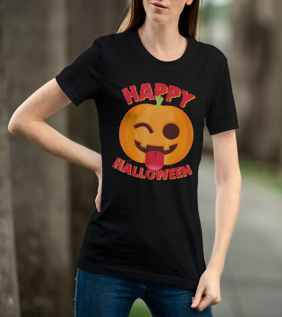 Happy Halloween Emoji Pumpkin Face With Tongue Out T-Shirt