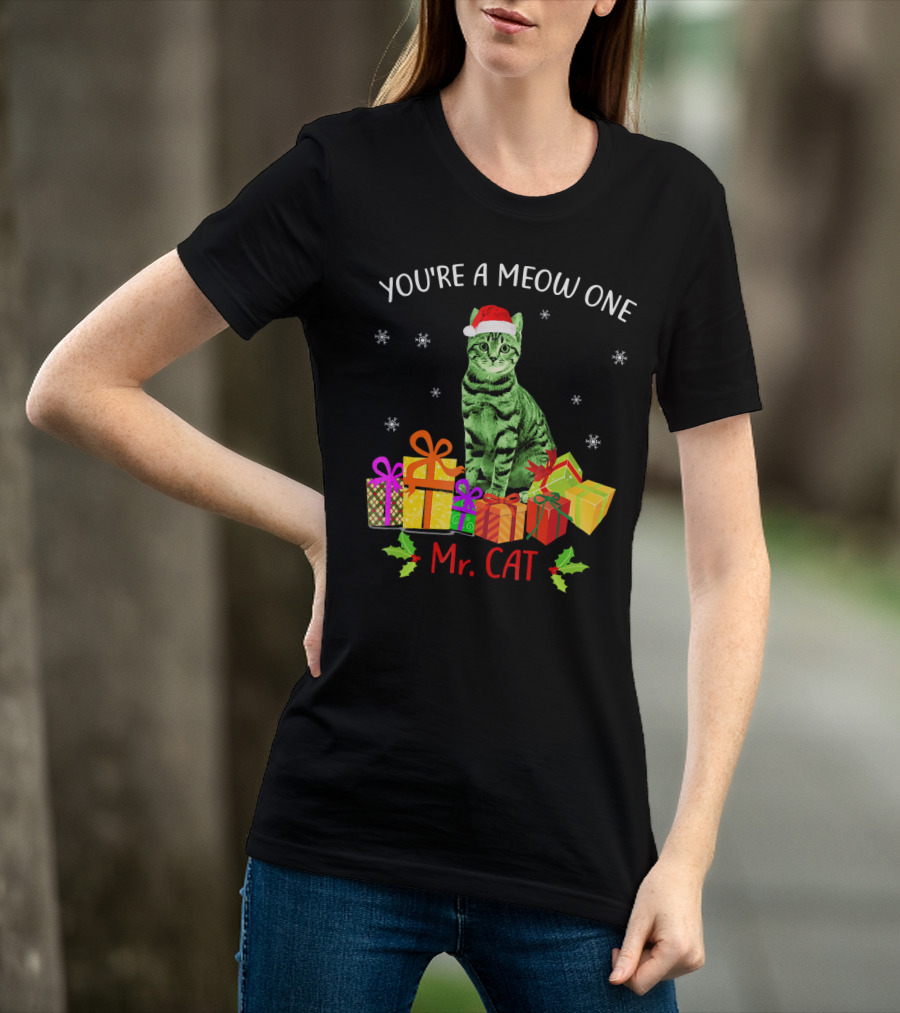 You're A Meow One Mr. Cat Christmas Holiday With Presents And Santa Hat T-Shirt
