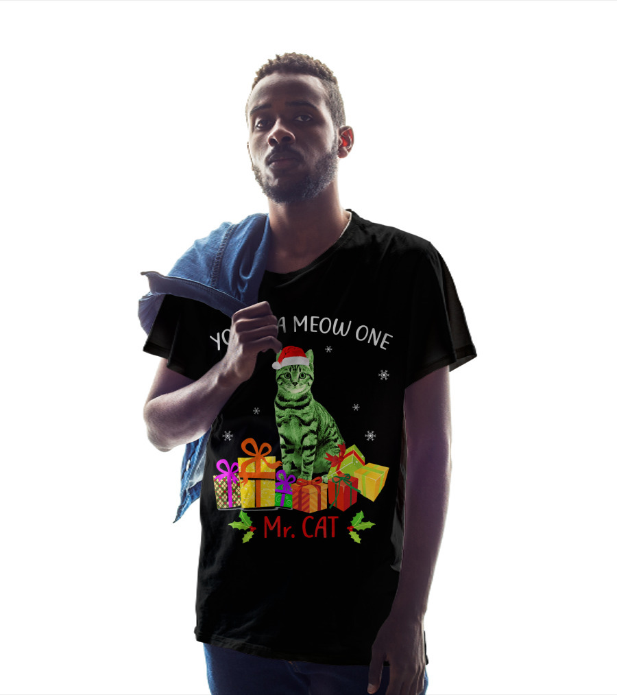 You're A Meow One Mr. Cat Christmas Holiday With Presents And Santa Hat T-Shirt