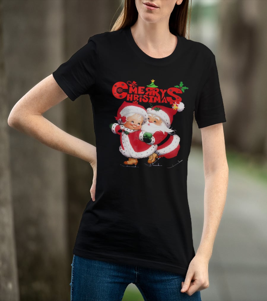 Merry Christmas Cute Mrs Claus And Santa Skating T-Shirt