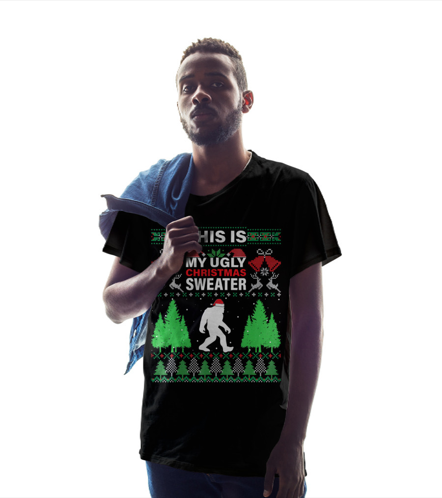 This Is My Ugly Christmas Sweater Bigfoot Santa Hat Holiday Trees T-Shirt