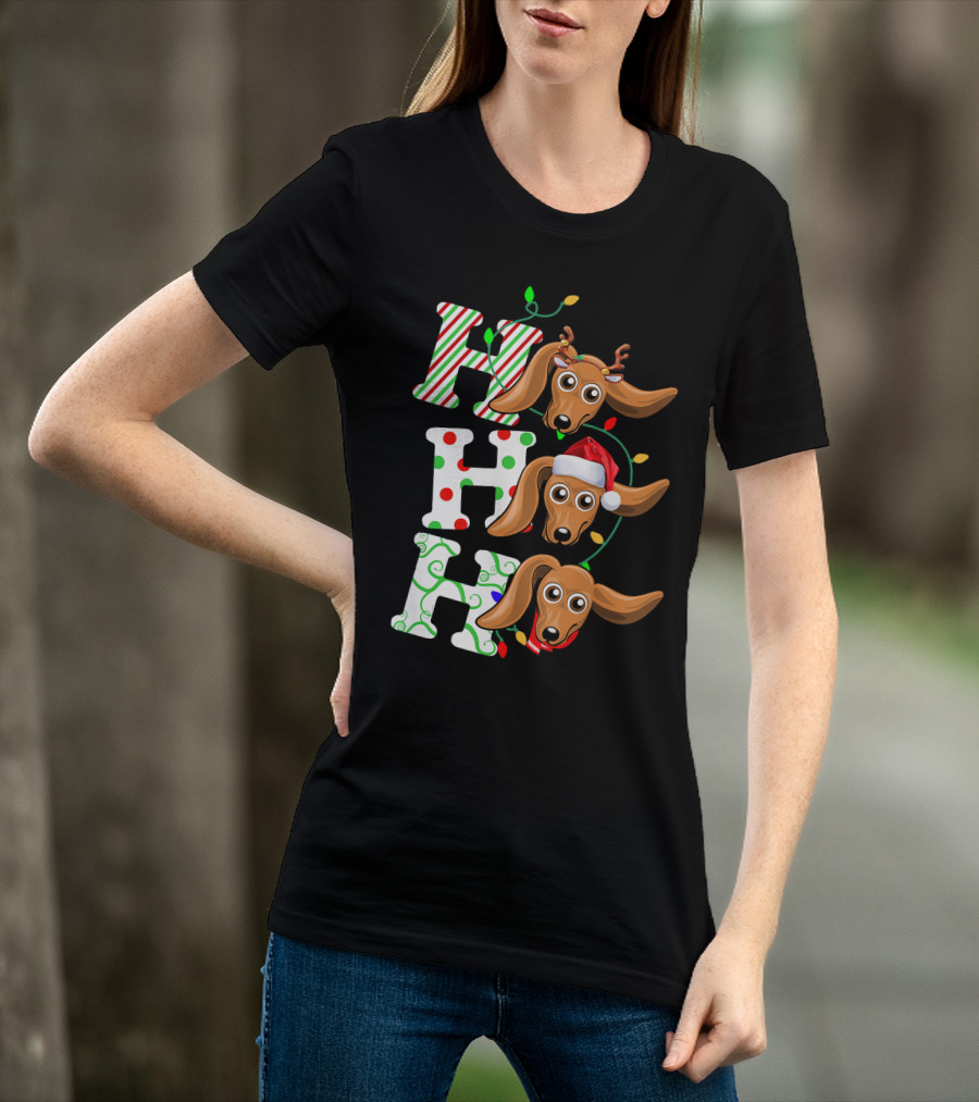 Dachshund Ho Ho Ho Reindeer Antlers Santa Hat Christmas Lights T-Shirt