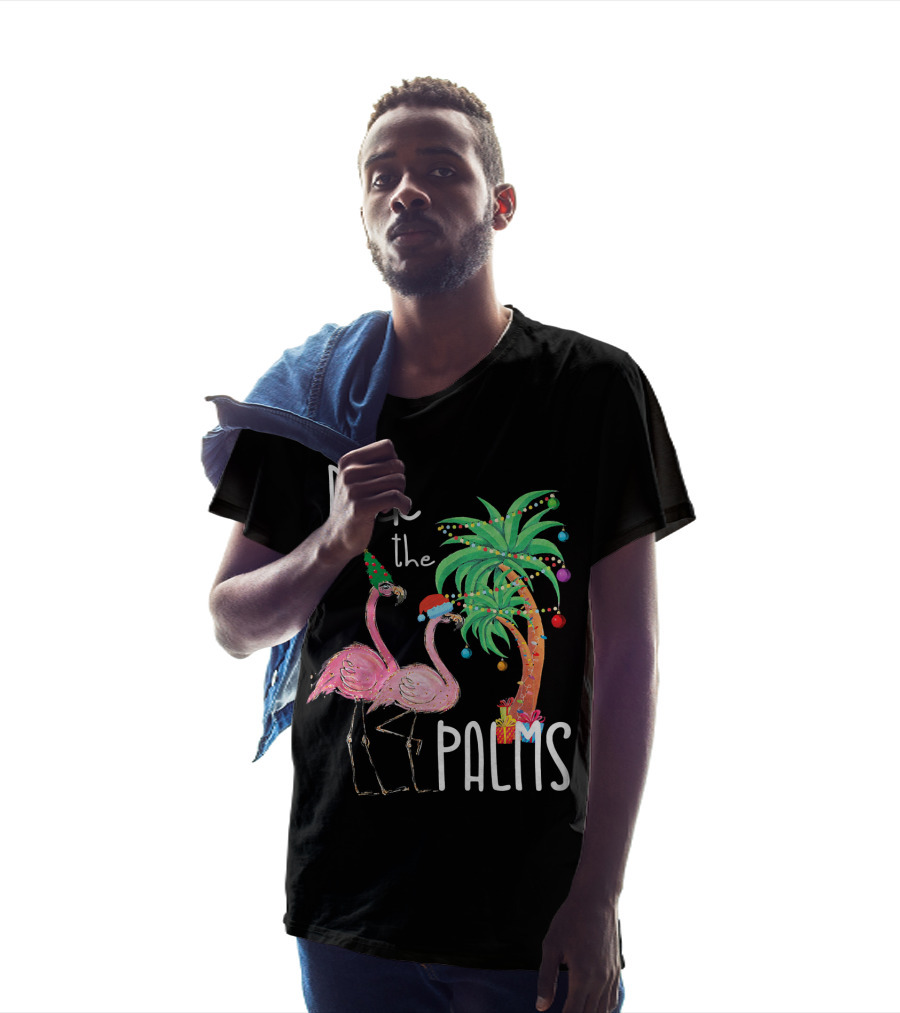 Deck The Palms Christmas Flamingo Family Tropical Holiday Scene T-Shirt
