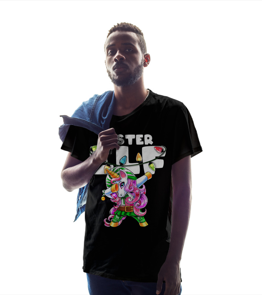 Sister Elf Christmas Dabbing Unicorn With Holiday Lights T-Shirt