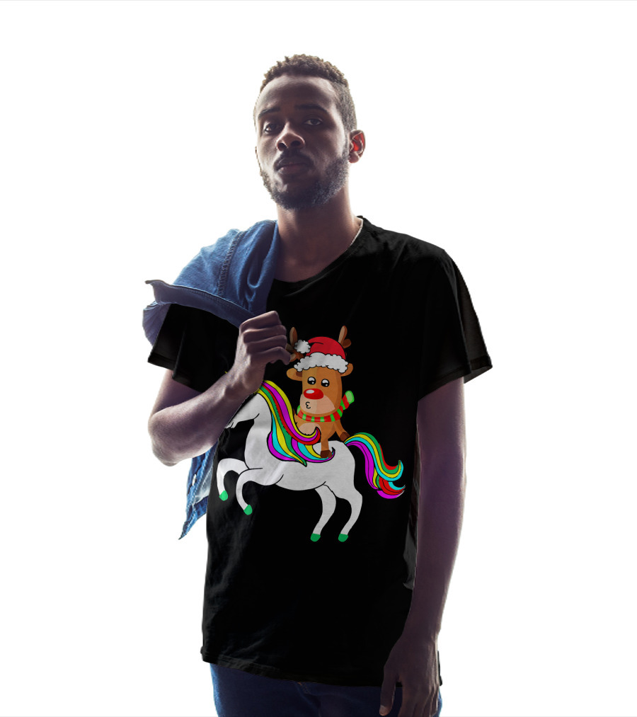 Reindeer In Santa Hat Riding Colorful-Maned Unicorn T-Shirt