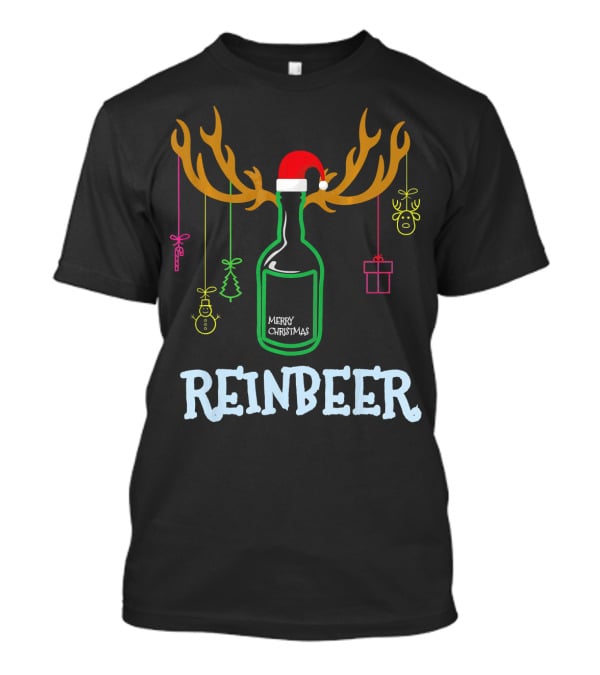 Reinbeer Merry Christmas Antler Bottle With Santa Hat And Hanging Decorations T-Shirt