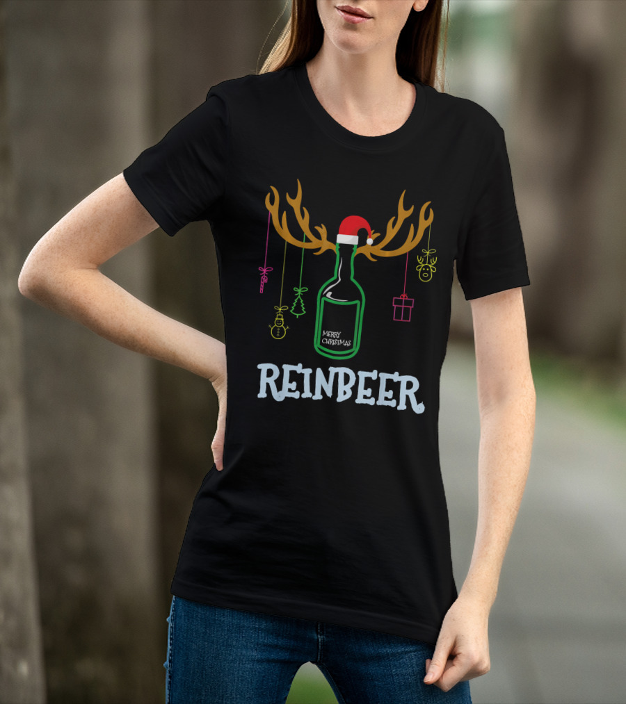 Reinbeer Merry Christmas Antler Bottle With Santa Hat And Hanging Decorations T-Shirt